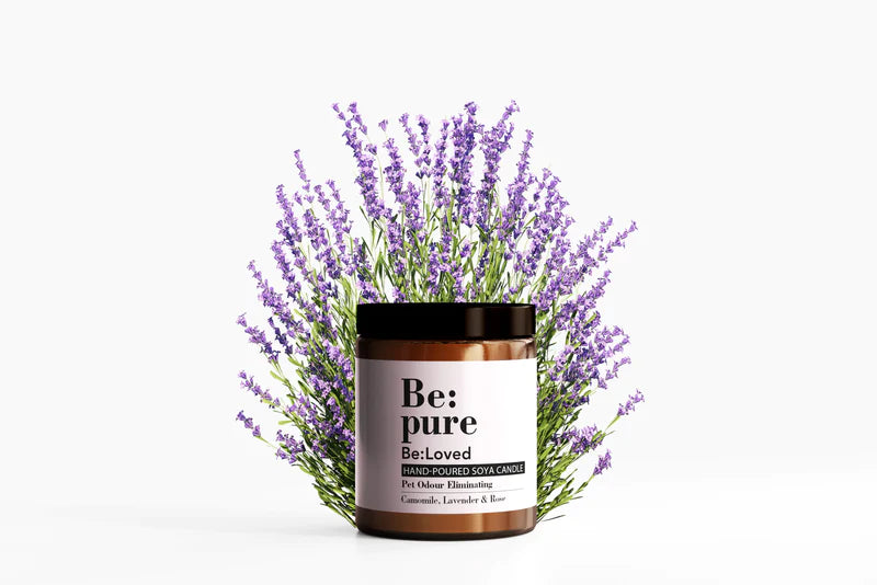 Be:pure candle in packaging with a background of lavender 